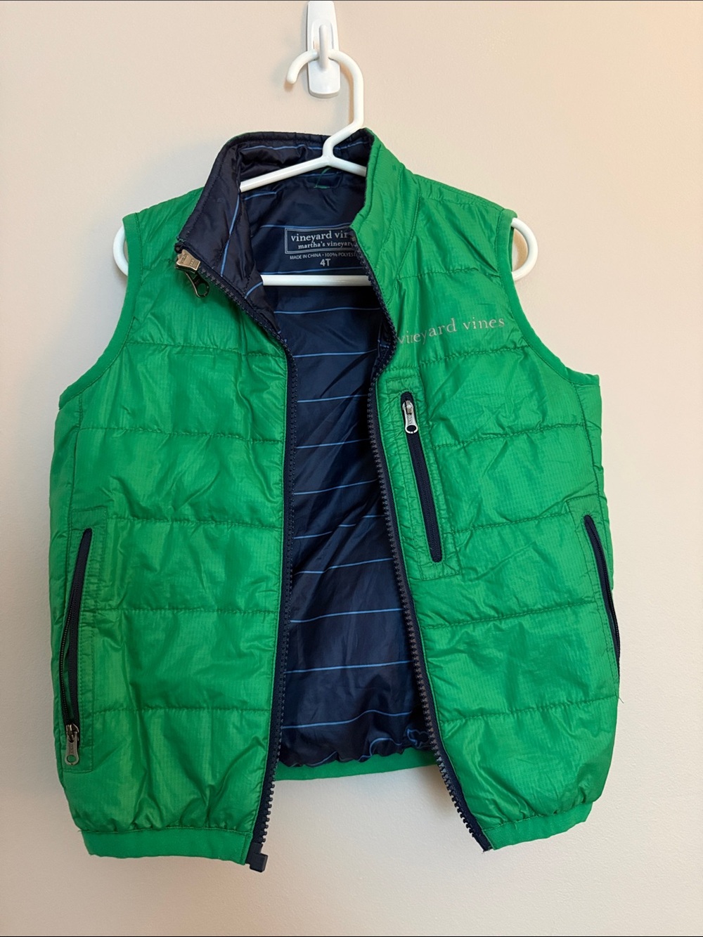 Vineyard Vines Kids Green Quilted Puffer Vest with Navy Trim